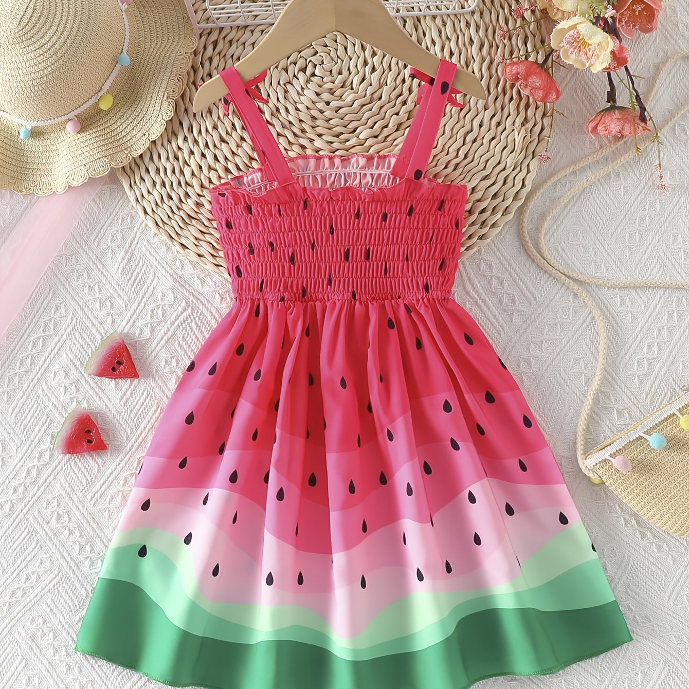Image of Girl's Fashionable Spaghetti Strap Sweetheart Print Smocked Ruched Hem Watermelon Print Knee-length Style Dress