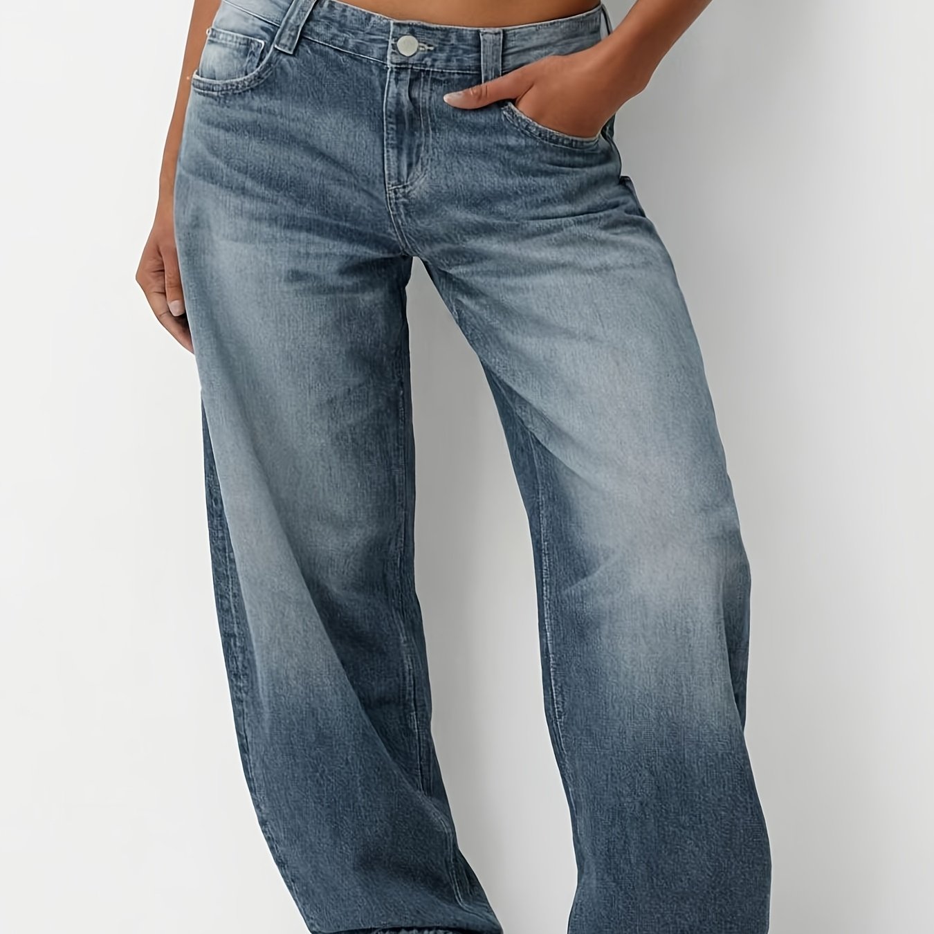 Image of Women's High-waisted Wide Leg Jeans Vintage Distressed Wash Loose Straight Leg Style Denim Trousers For Women Daily Wear