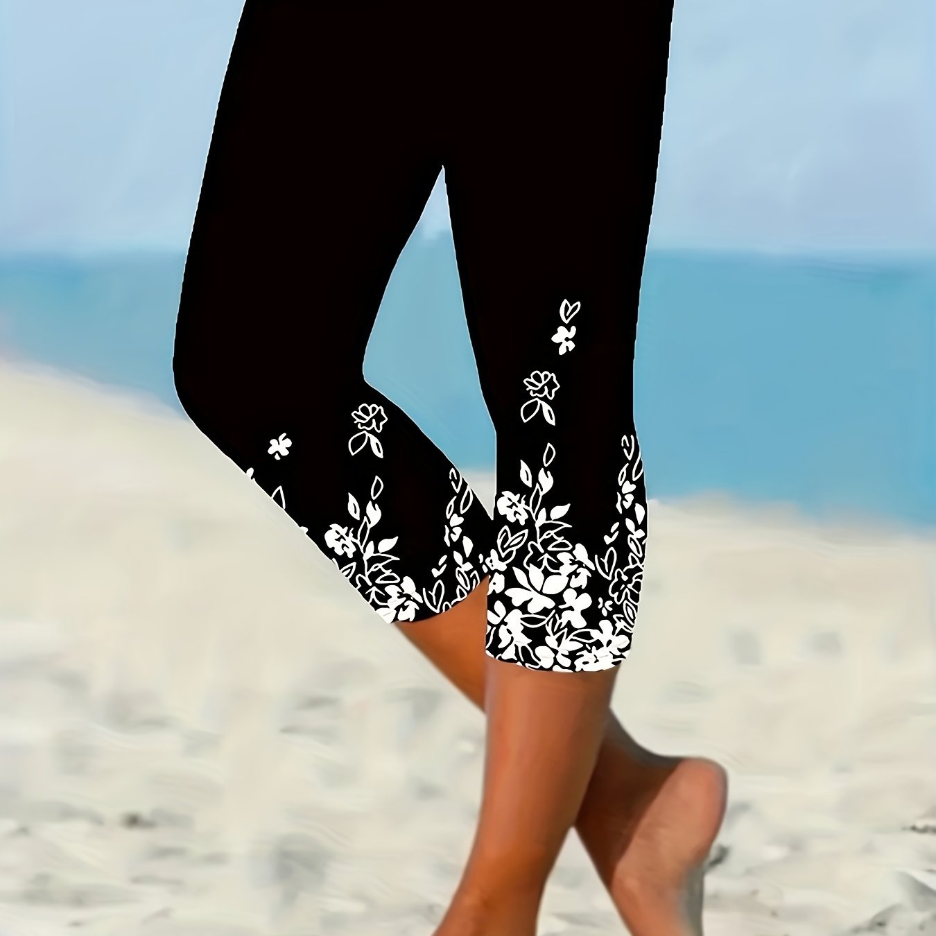 Image of Plus Size, Plus-size Women's Floral Print Stretch Leggings. Summer Casual Daily Leggings, Women's Plus-size Clothing