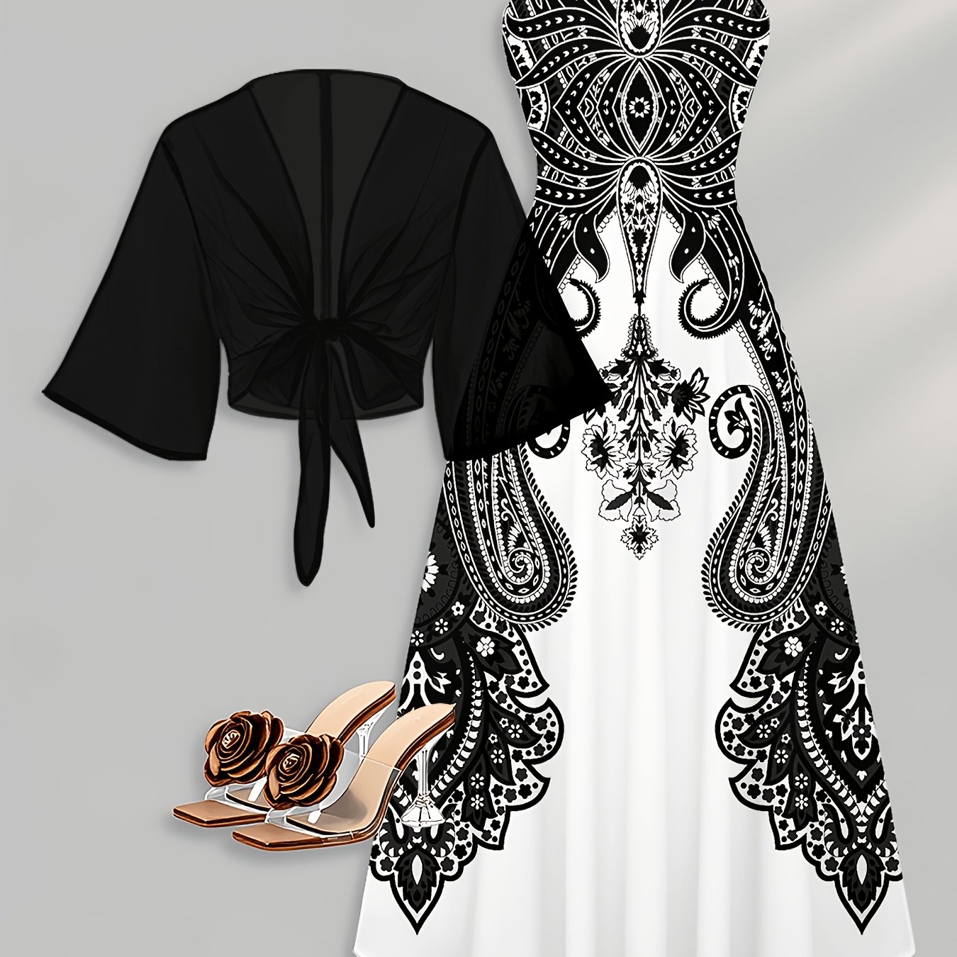 TEMU Printed Design Black And White Paisley Pattern Elegant Style Women's Dress Set