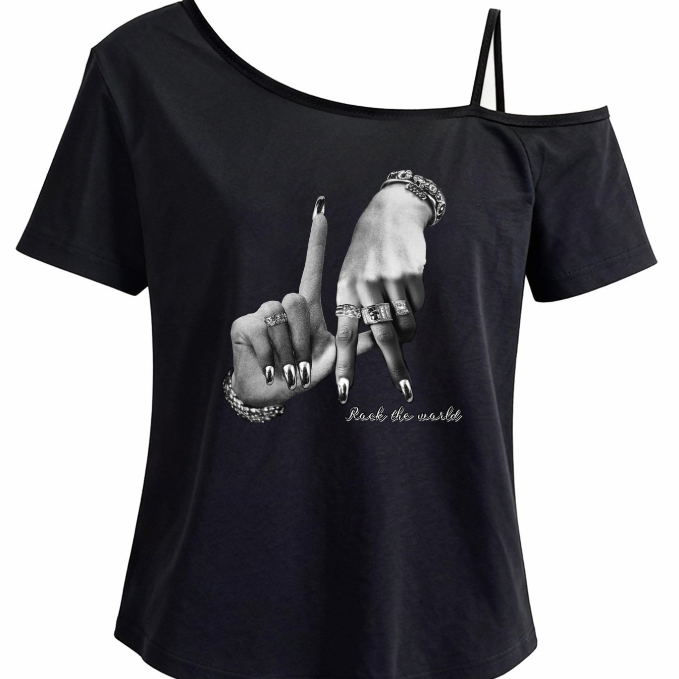 TEMU Einschultriges Kurzarm-T-Shirt, Rock World, modisches Damen-Top mit Gesten-Muster-Druck, schräger Einschultergurt, Freizeitschulter-Mode-Stil,