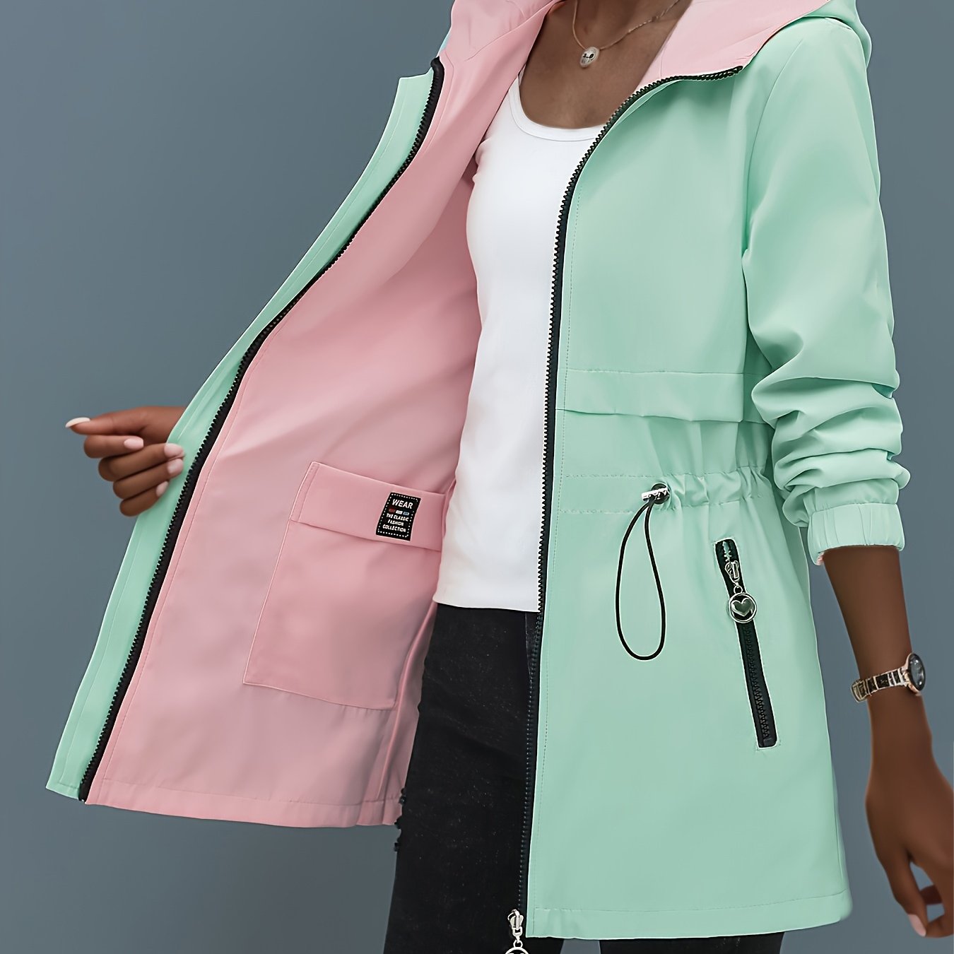 TEMU Women's Reversible Trench Coat Jacket - Belted Waist, Zippered Pockets & Hooded Suitable For Outdoors, Machine-washable Lightweight Outerwear,