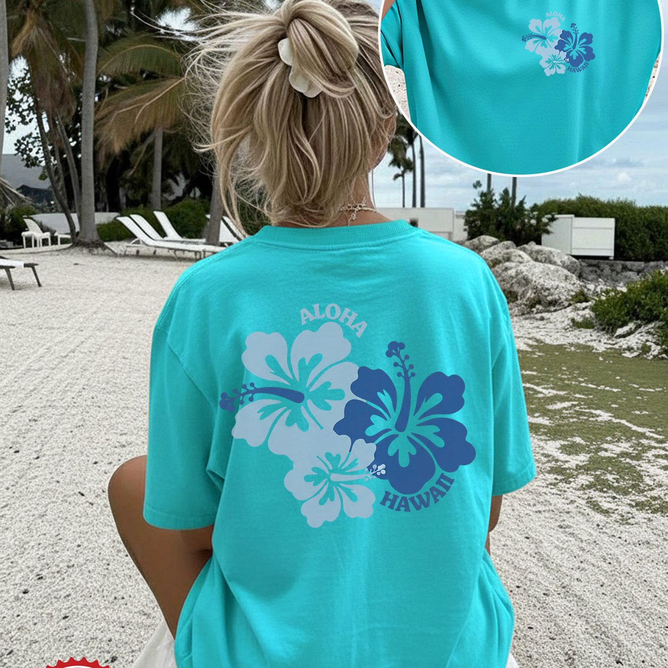 Image of Double-sided Print Women's Summer Casual Top, Hibiscus Print Short Sleeve Round Neck Loose Fit T-shirt