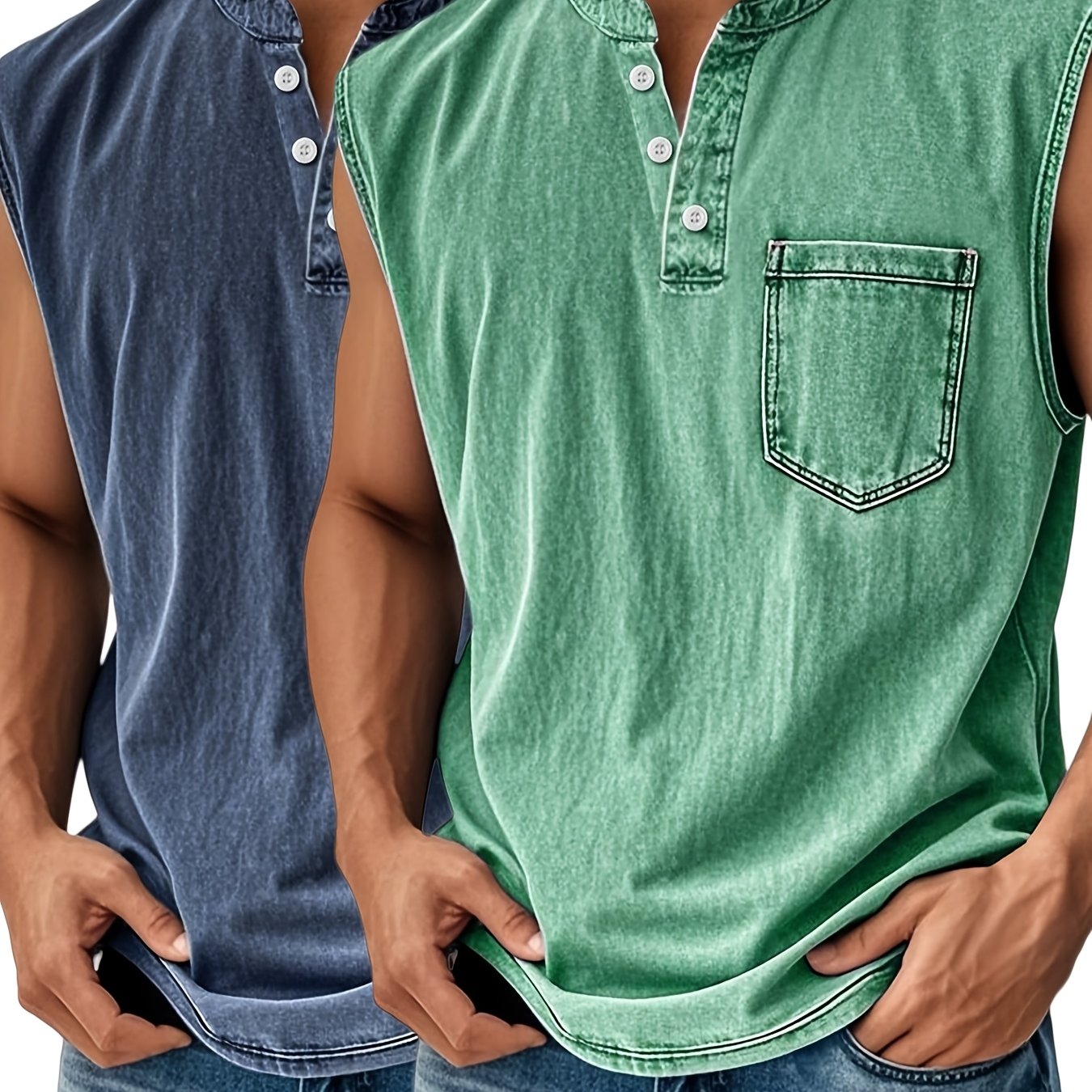 TEMU 2pcs Plus Size Men's Casual Open-front Sleeveless T-shirt 2 Set European Vest Top Tshirt With Pocket Suitable For Sports Outdoor Casual Wear Big