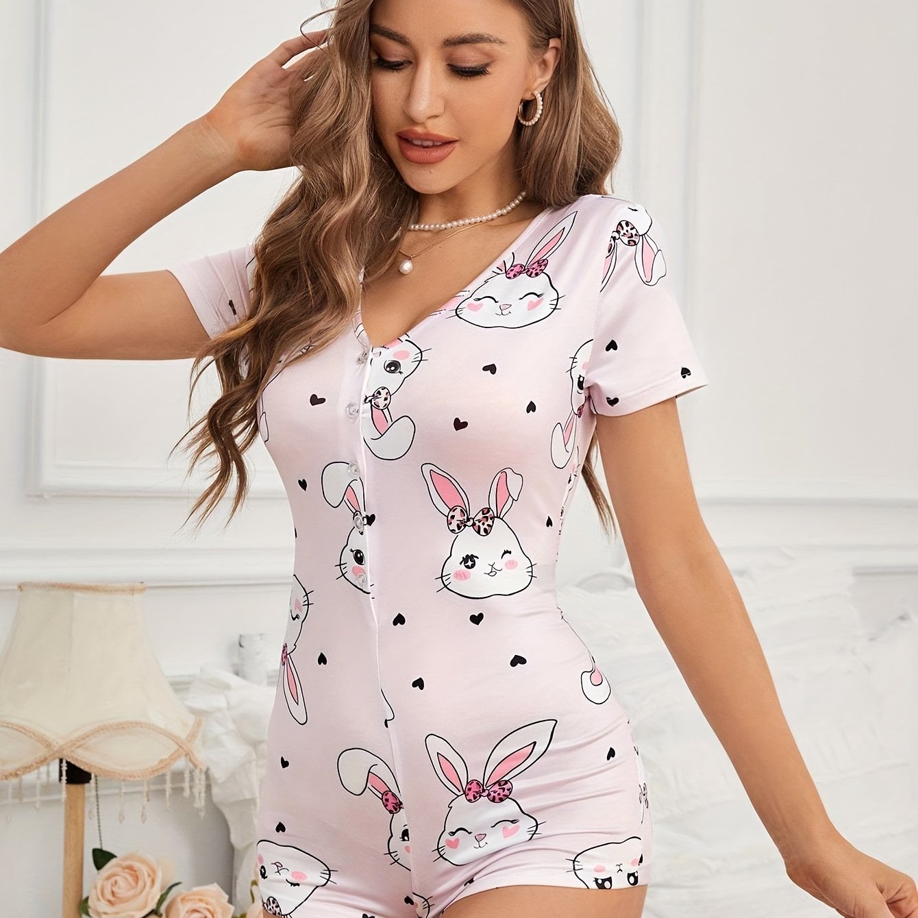 Spring/summer Adult Casual V-neck Knit Fabric Romper With Animal Print, Polyester, Button Details, Rabbit Design