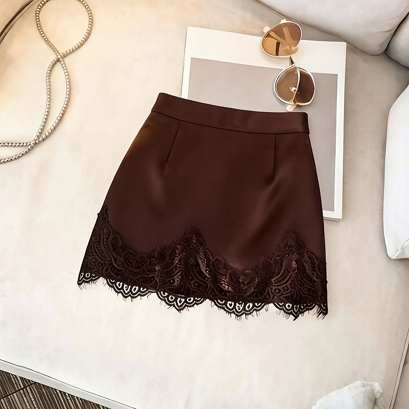 TEMU Women's Fashion Short Skirt, Retro Elegant Style Lace Trimmed High-waist Short Skirt, High-waist Versatile Short Skirt, Dating Commuting Wear