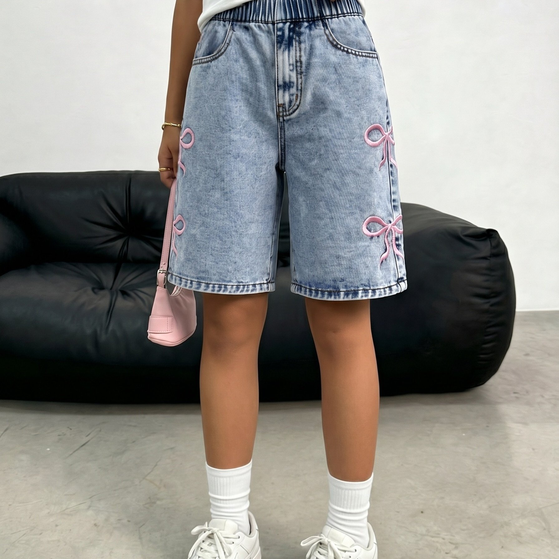 Girls' Denim Shorts, Spring/summer 2026 Collection, Girls' Elastic Waist Denim Shorts, Summer Cute Pink Bow Embroidered Casual Bali Shorts For Girls, Kids To Teenage Girls