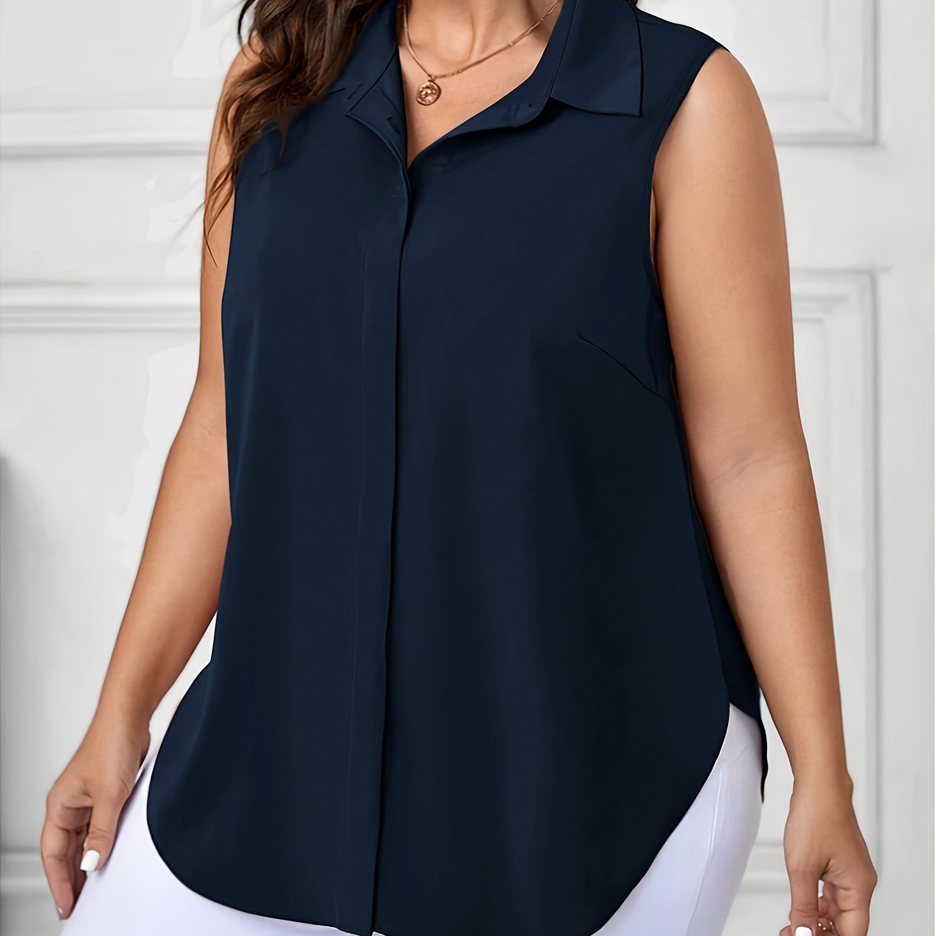 TEMU Plus Size - Plus Size - Women's Plus Size Button-up Summer Solid Color Casual Sleeveless Blouse
