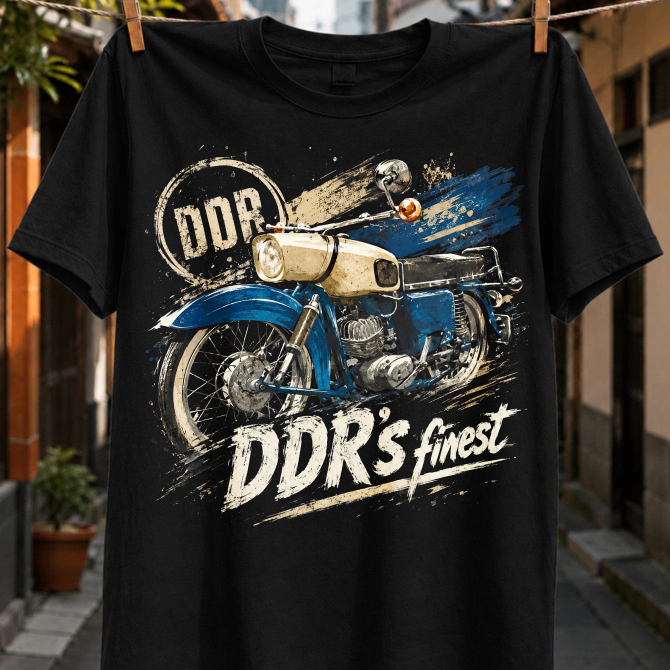 Ddr's Vintage Blue Motorcycle On Beige-blue Grunge Brush Art With Circular Ddr Stamp And Script Printed Design Unisex All T-shirt