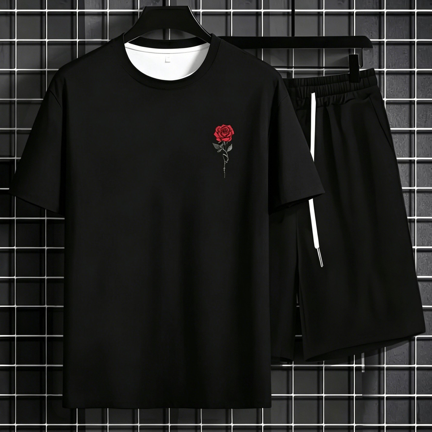 TEMU Trendy Rose Set For Men, Summer Short-sleeve T-shirt And Shorts, Versatile 2pcs Set For Trendy Casual And Sporty Wear