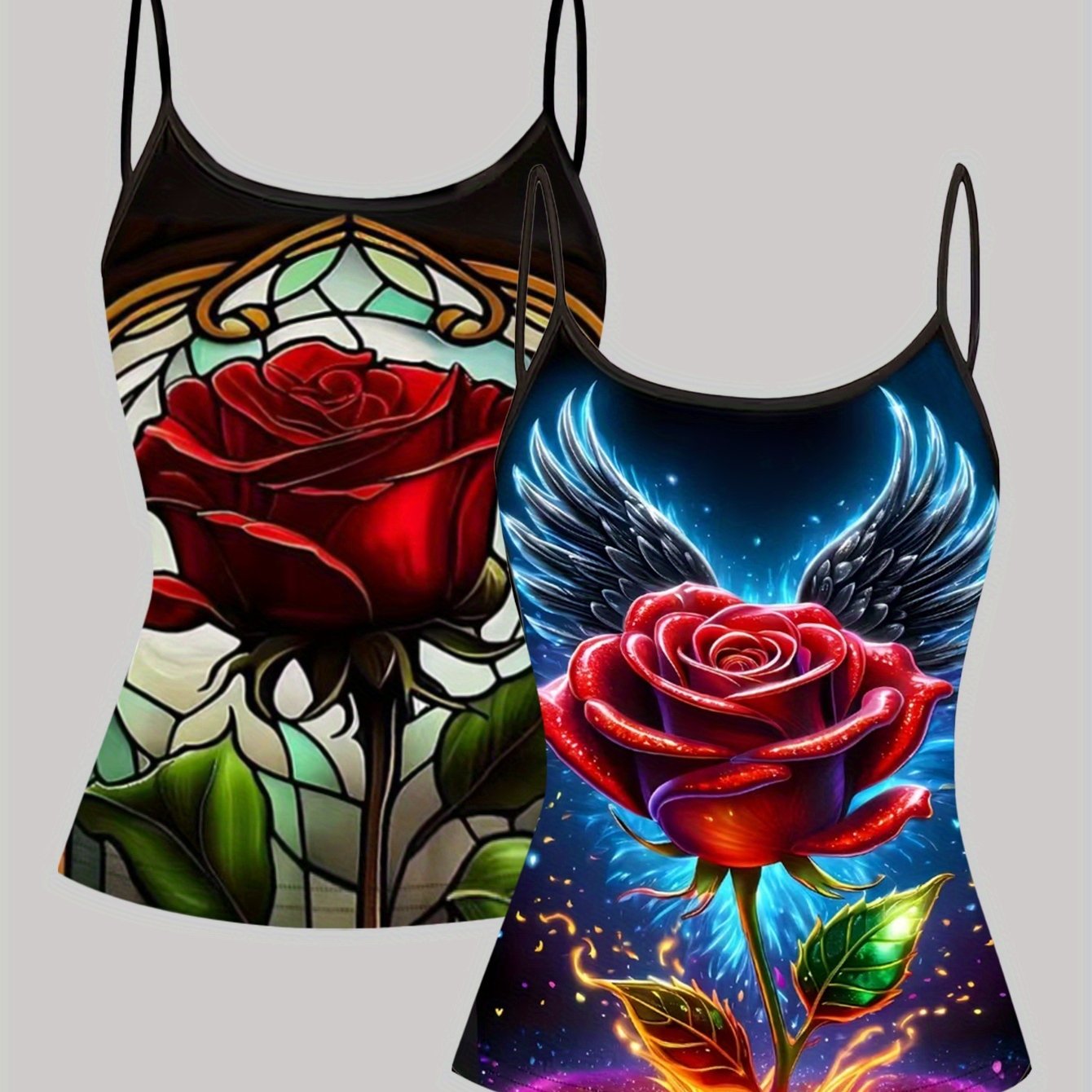 TEMU 2pcs Sleeveless Italian Pasta Strap Tops - Sleeveless One-shoulder/boat Neck Blouses With Full-body Flower Print, Medium--washable Tops For