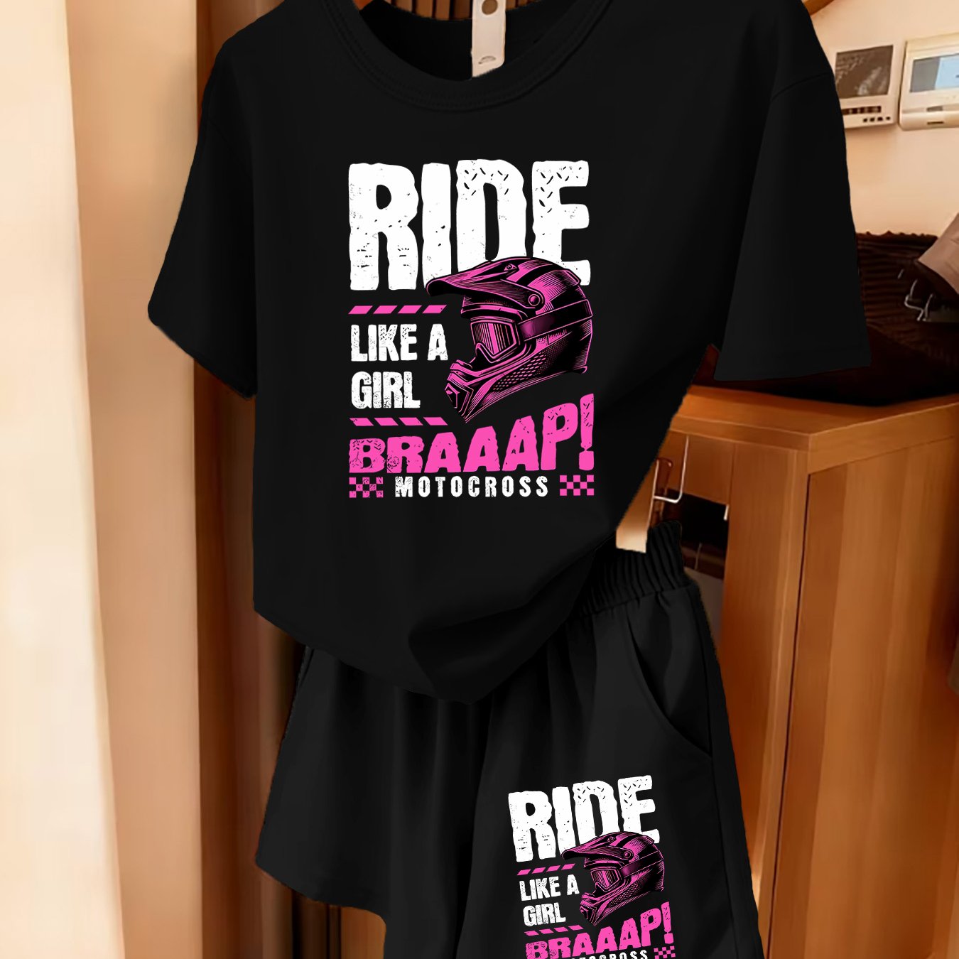 TEMU 2pcs Women's Spring Short Sleeve Set - Off-road Motorcycle Helmet Letter Print, Fun Pattern Print Short Sleeve And Shorts Set, Comfortable Soft