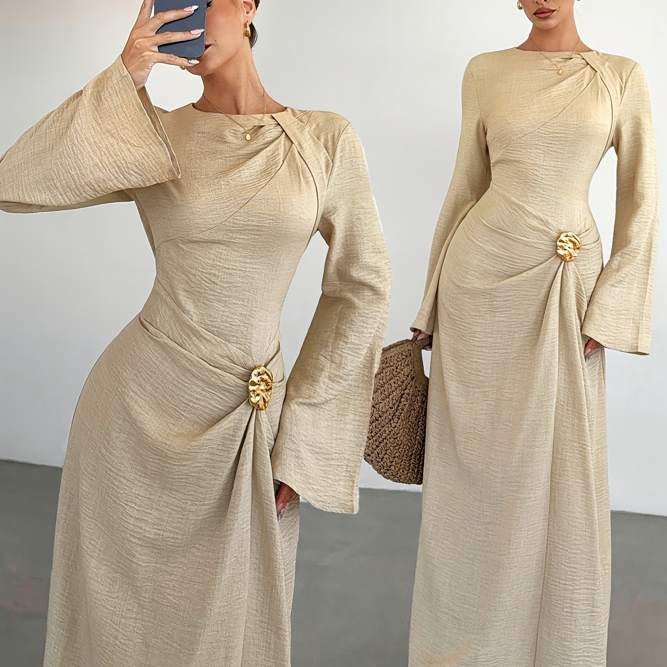 TEMU Long Sleeve Dress, Decorative Detail On Front, Decorative Metal Buckles, EvasÃª Long Skirt For Women, Wedding Guest Dress, Women's Winter Formal