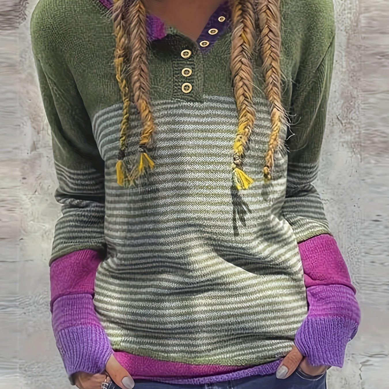 E-shop Modischer gestreifter Color-Block Strickpullover, einreihig, lässiger, vielseitiger Sweater