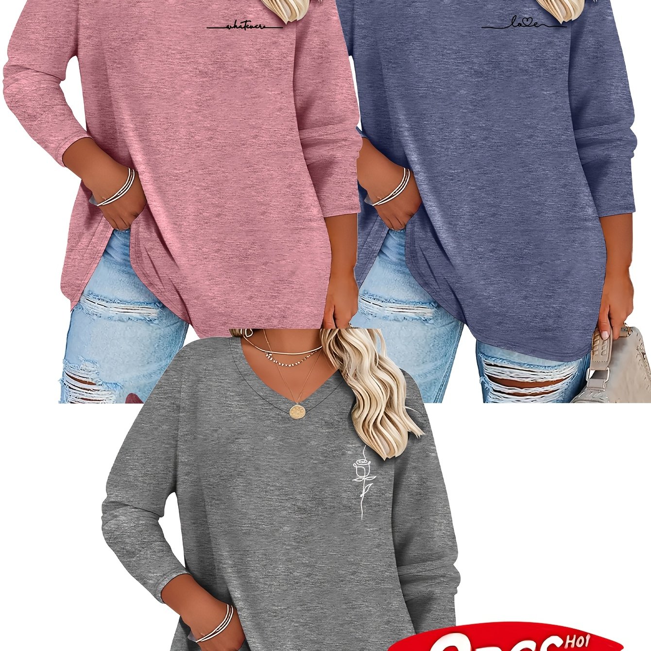TEMU Plus Size - Plus Size - A Versatile Three-piece T-shirt Set For Women, Featuring A Stylish Letter Print Design. It Includes Long-sleeve V-neck