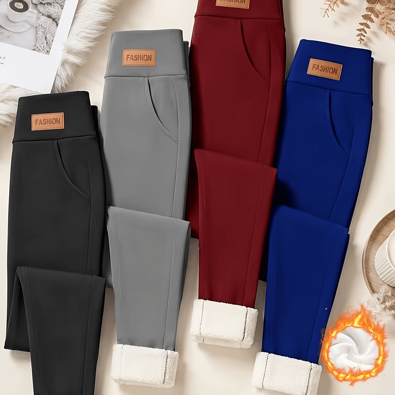 TEMU 4pcs en 4 couleurs, Leggings de yoga doublés en polaire d'automne, Vêtements d'automne pour femmes, Leggings taille haute rehausseuse résistants