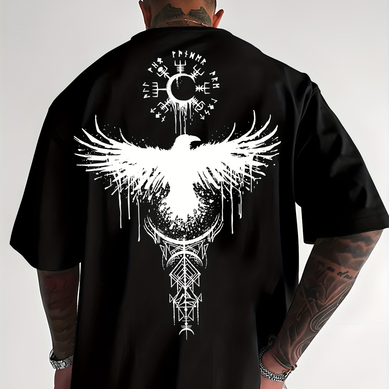 TEMU Crow Totem Print T-shirt, Loose Fit T-shirt, Comfortable And Breathable, Summer Outdoor, Casual Wear, Streetwear, Youth Street T-shirt