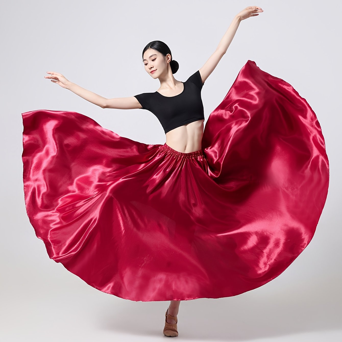 TEMU Falda larga de satén de 95 cm, estilo 2025, de media , con cintura elástica, para baile del vientre, de , juego , vestido de baile de