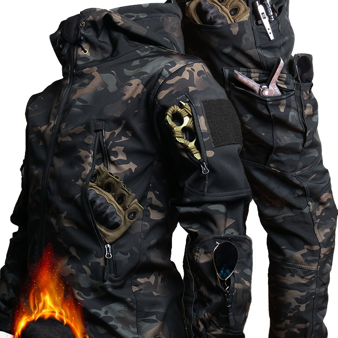 Men's Casual Camouflage & Plain Color Outfit Set, Fuzzy Lining Jacket And Pants With Multiple Pockets Design For Outdoor Hiking Mountaineering, Autumn And Winter