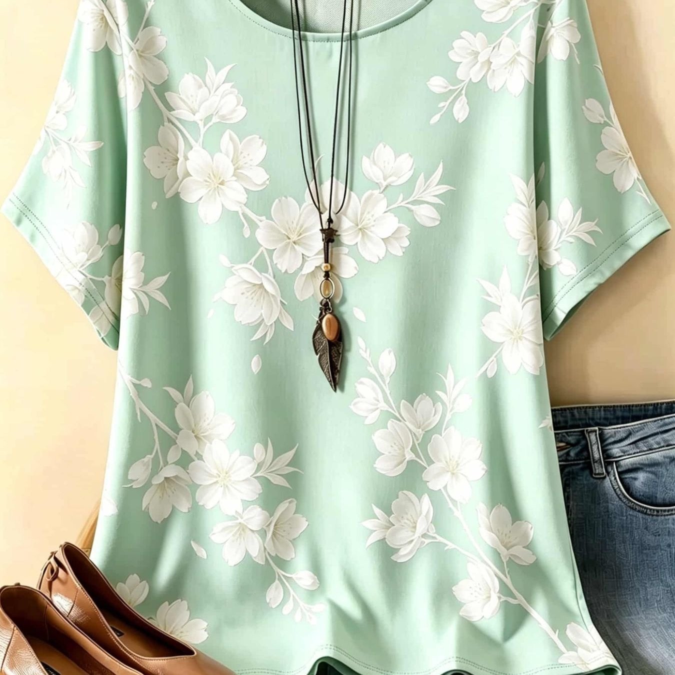 Plus Size - Women's Loose-fitting Short-sleeve Top, Soft Mint Green Round-neck Shirt, With Large White Floral Print, Casual Spring-summer Everyday Shirt, Suitable For Daily Wear, , And Outdoor