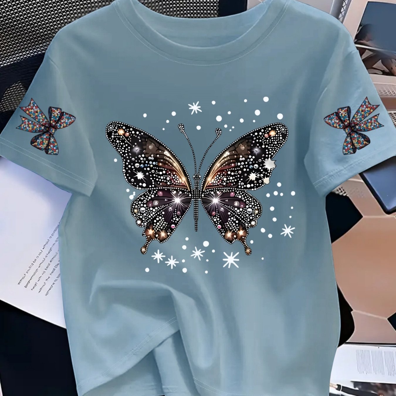 TEMU Women's Short-sleeve T-shirt With Shimmering Rhinestone & Starlight Print - Sparkling Round Neck Blouse-compatible Top, Machine Washable Casual