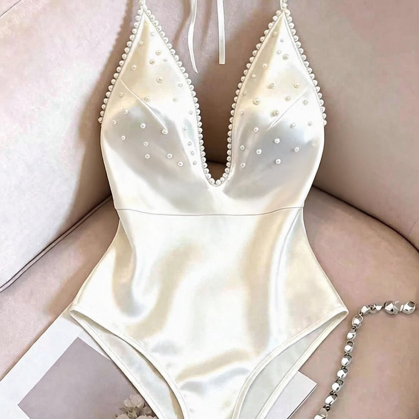 TEMU Backless Sleeveless Satin Pearl Bodysuit, New Summer Women's Casual Elegant Jumpsuit, Bodysuit, Outfit, Elegant Party, Revealing Clothing, Sexy