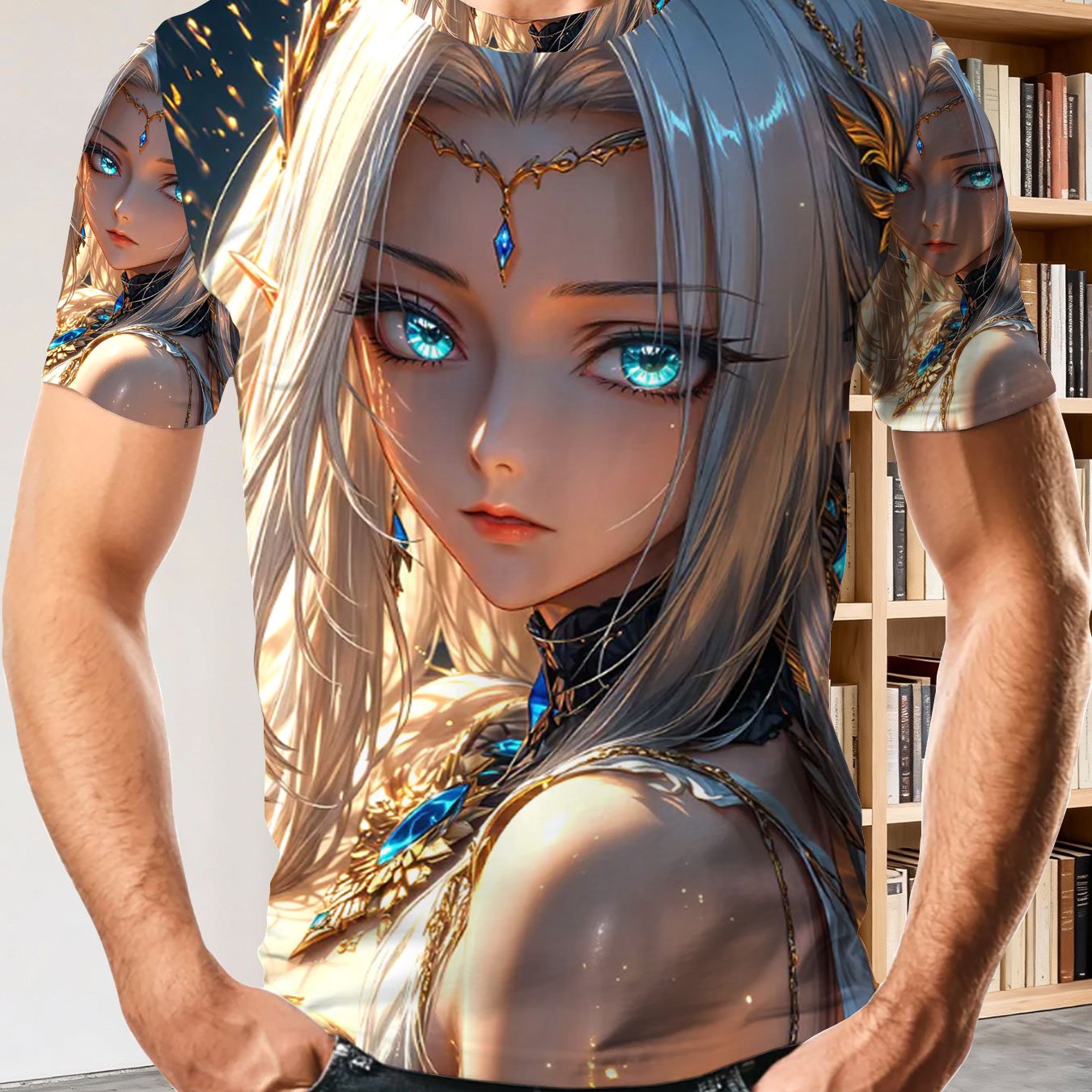 TEMU Men' Anime Elf Princess Print T-shirt - Soft Breathable Lightweight Polyester Short Sleeve Round Neck Tee Suitable For Adults &, Casual