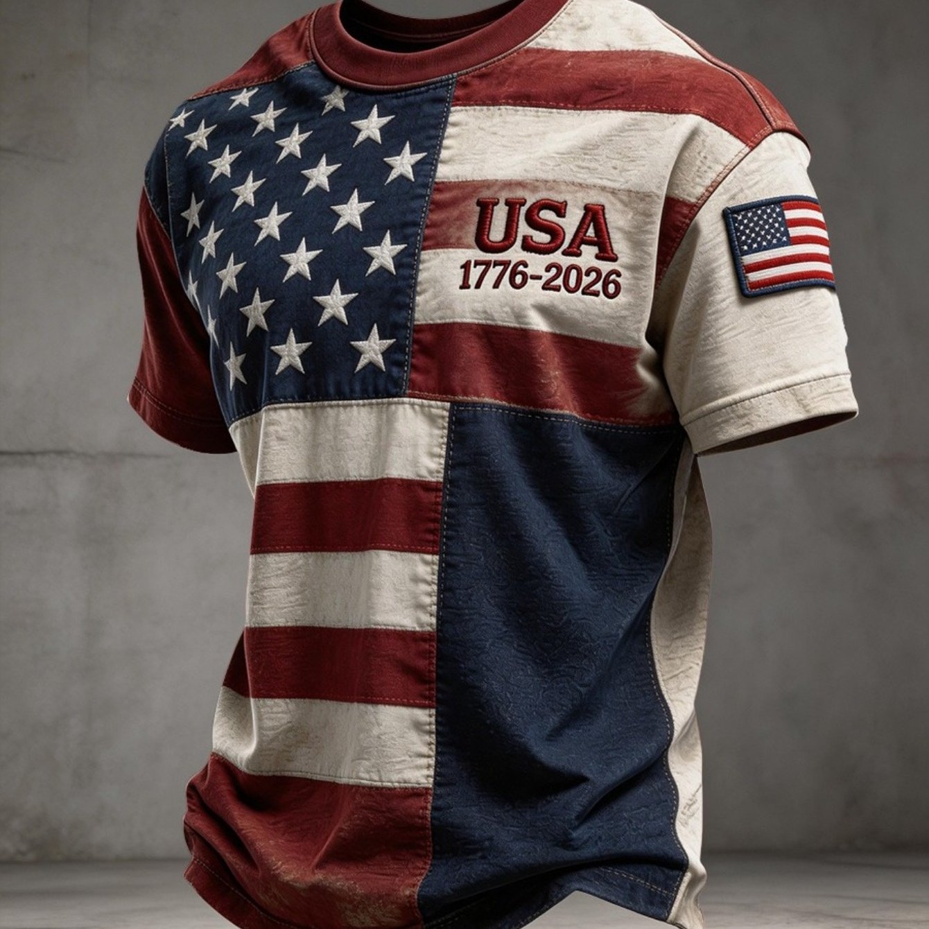 TEMU Men's Loungewear, 250th Anniversary Of The United States, American 1776-2026 Usa Flag , Old Contrasting Color Casual Short-sleeve T-shirt