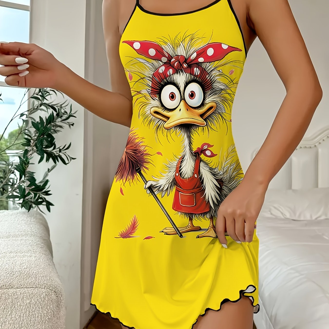 Ladies' Comfortable And Soft Casual Round-neck Camisole Nightgown, Featuring A Cartoon Print For