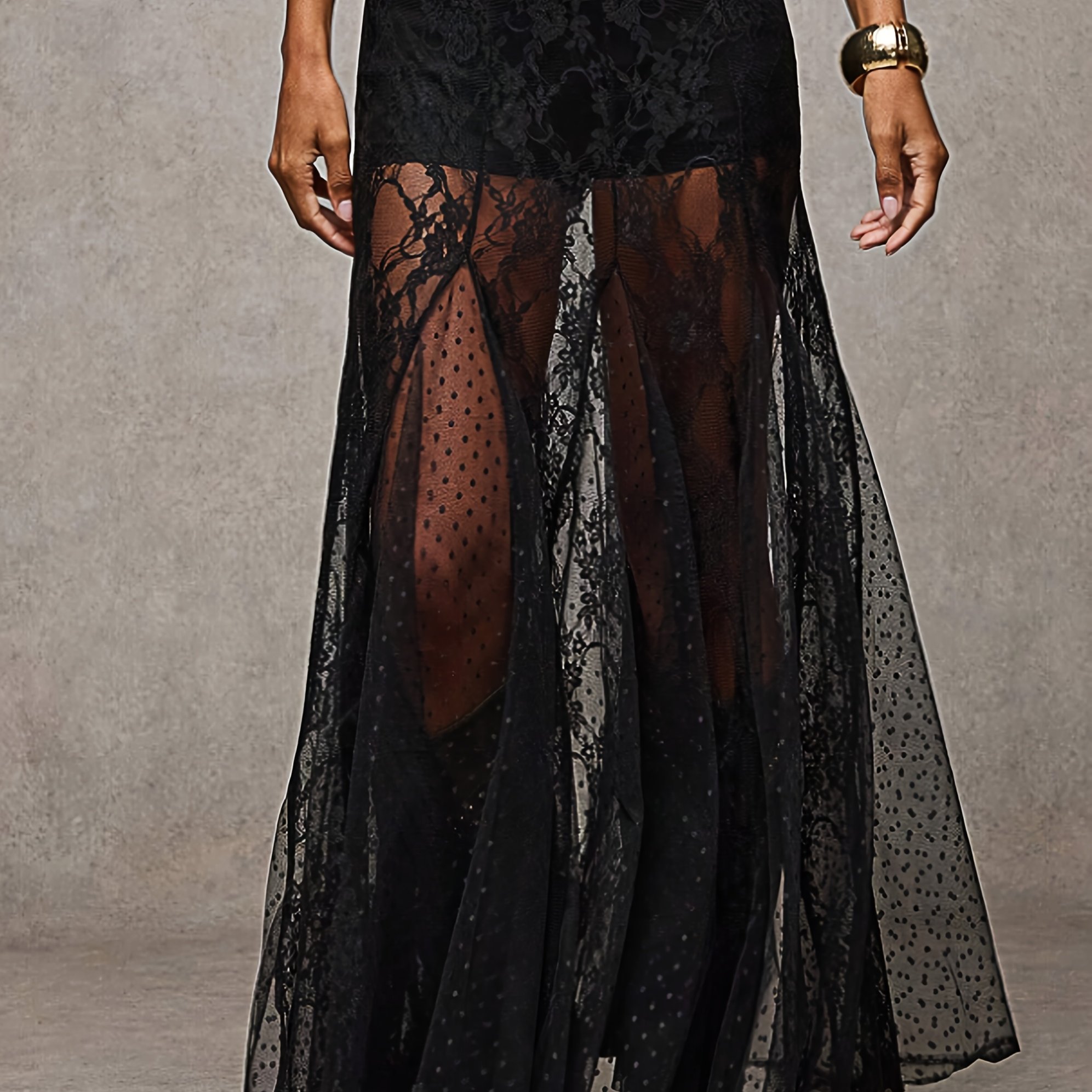 Image of Gp Y2k Sheer Lace Long Half-skirt - Low Waist Solid Color Elegant Maxi Skirt For, Spring Summer Fall Wedding Party Prom Dress, Y2k Style