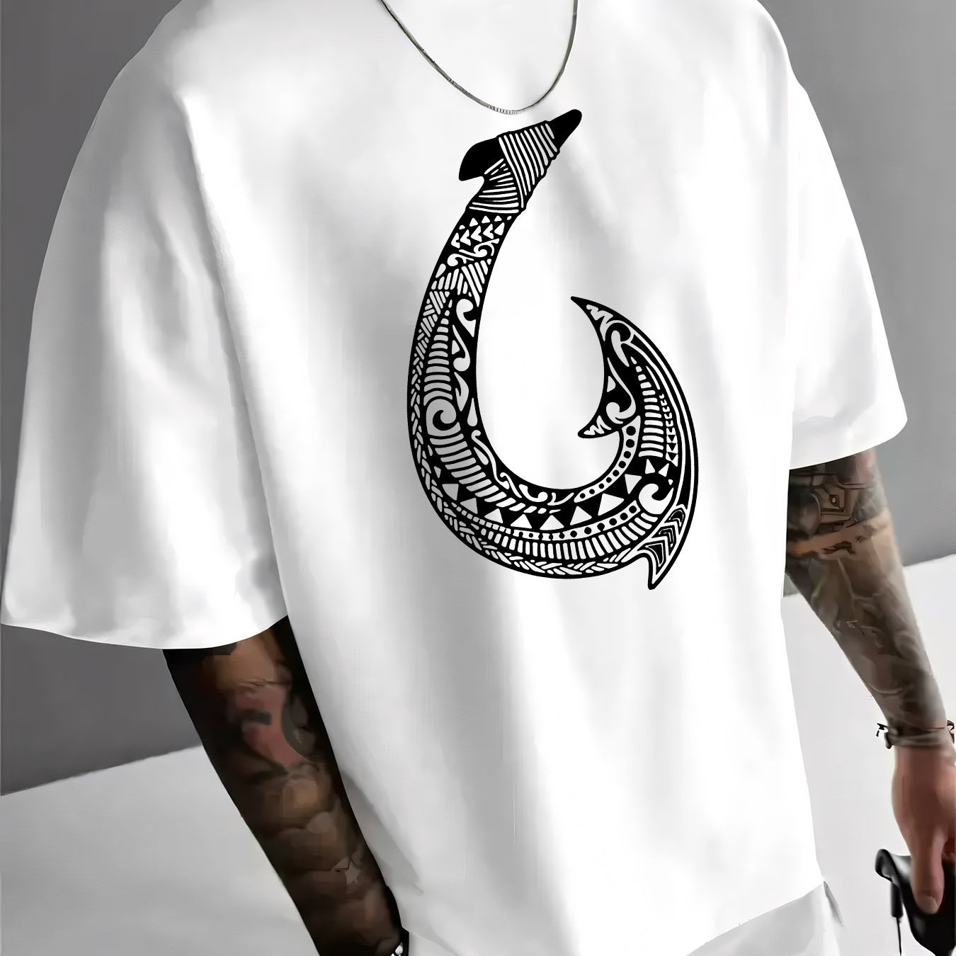 TEMU Men's Casual Summer T-shirt With Maori Style Fish Hook Print, Round Neck Short Sleeve Tee, Fashionable Versatile Trendy Graphic Design, Applique
