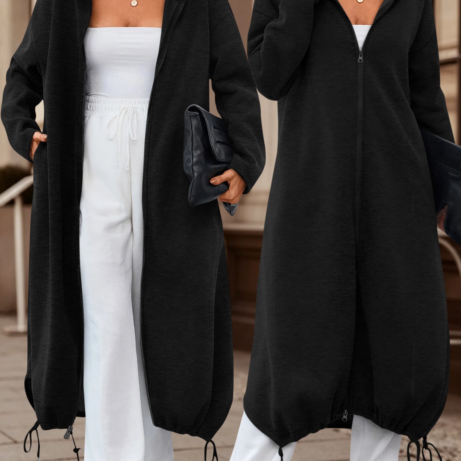 TEMU 2pcs Women's Long Hooded Zipper Sweatshirt Coat, Women's Autumn Winter Loose Lazy Style Drawstring Waist-cinching Cardigan Coat - Retro Long