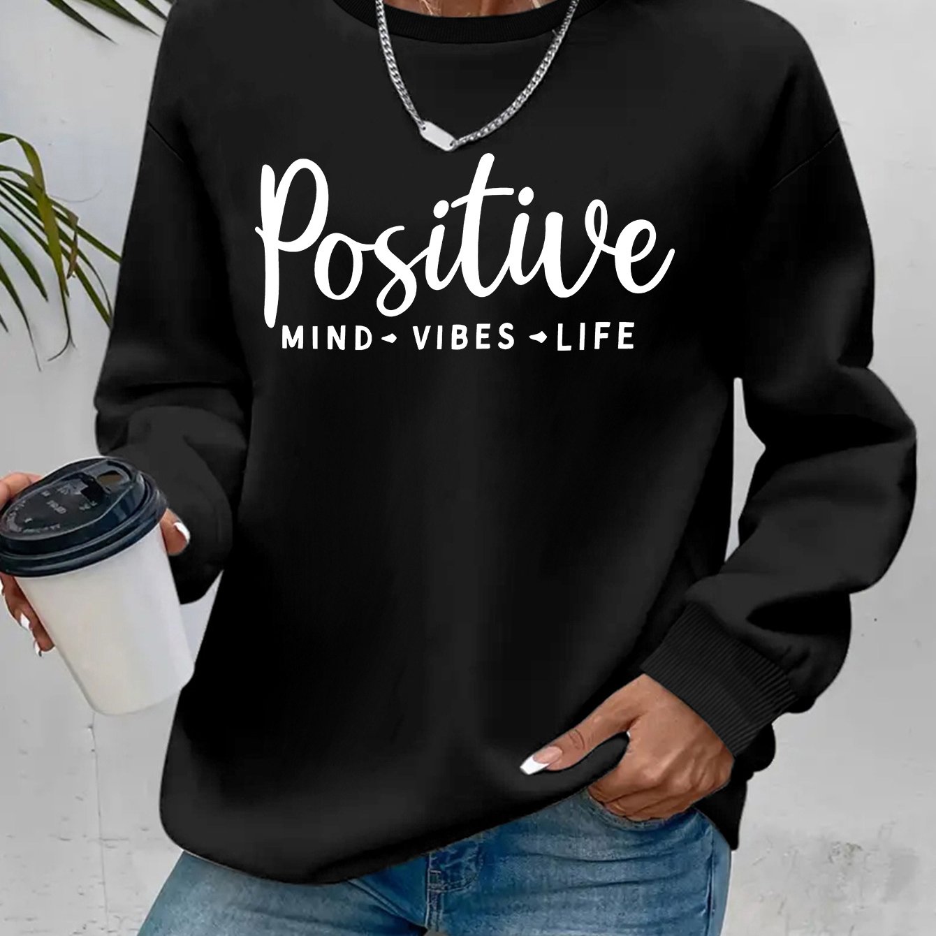 TEMU Positive Letter Print Large Size Ladies Round Neck Sweater, New Women's Versatile Fashion Padded Sweater