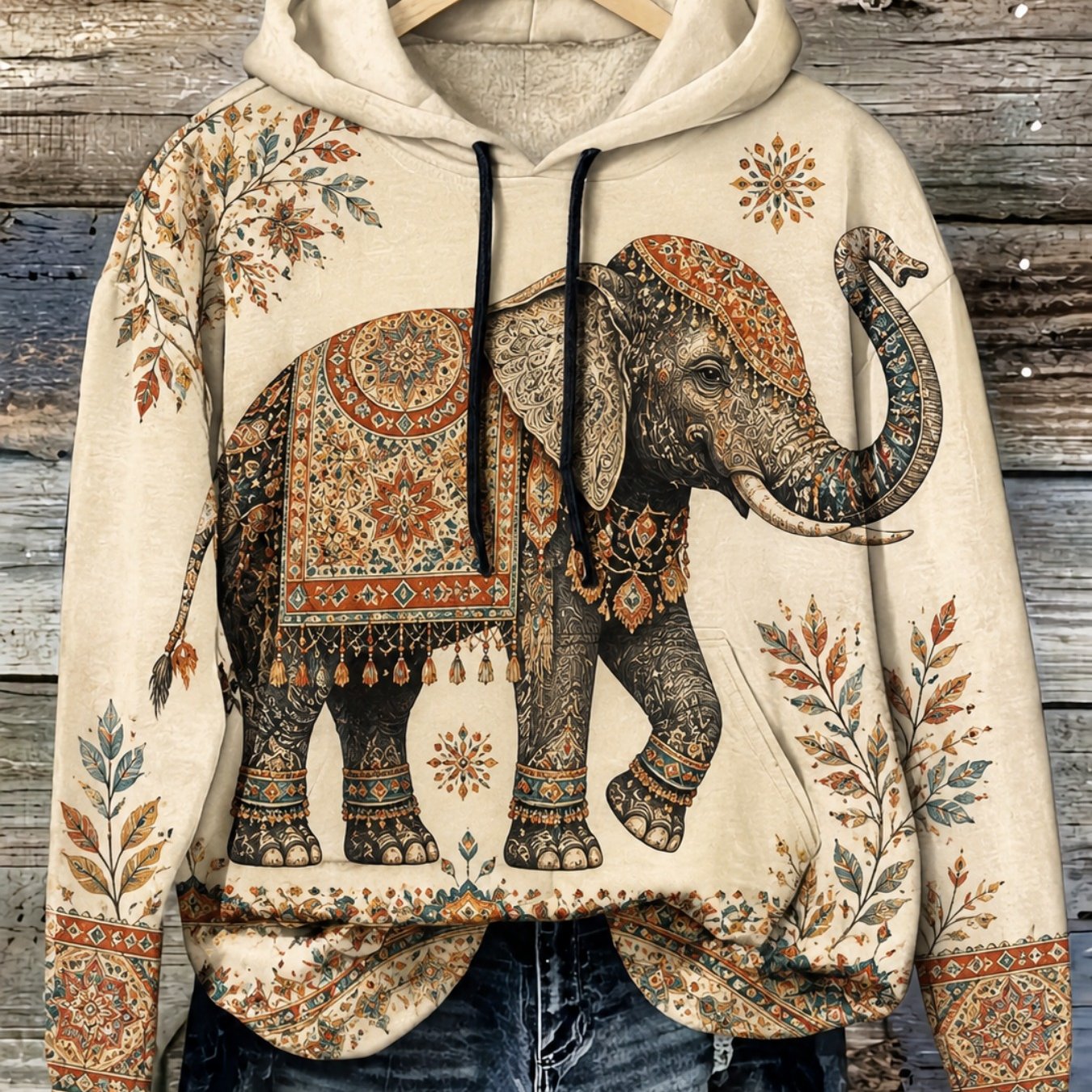 Plus Size Women's Ivory Boho Elephant Print Hoodie Fall Winter Loose Pullover Ethnic Graphic Sweatshirt
