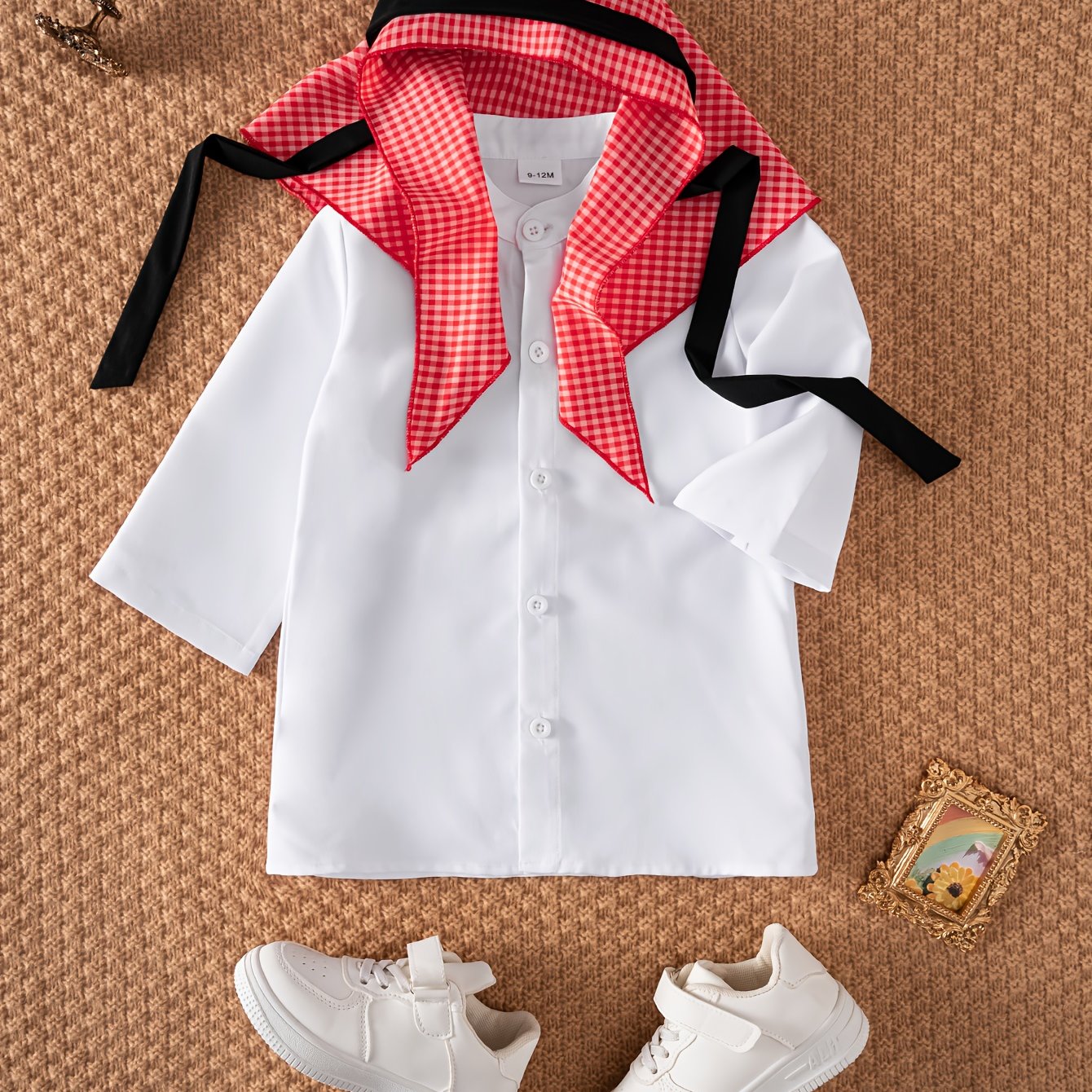 Image of 3pcs Set For Baby Boys Spring Autumn Casual Shirt Red Black Plaid Headscarf Clothing Set And Easy Stylish Baby Long Knee-length Solid Color Shirt With Activity Headscarf