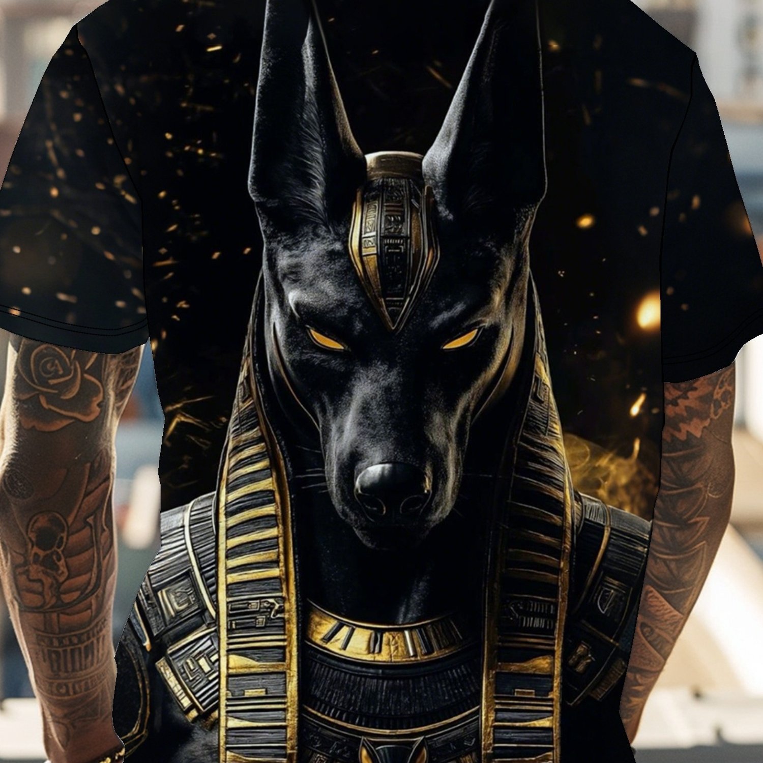 TEMU Hot! Please! Home! Men's Ancient Egyptian Pattern T-shirt - Digital Printing, Black, Golden And , Short Sleeves, Round Neck, Casual Summer