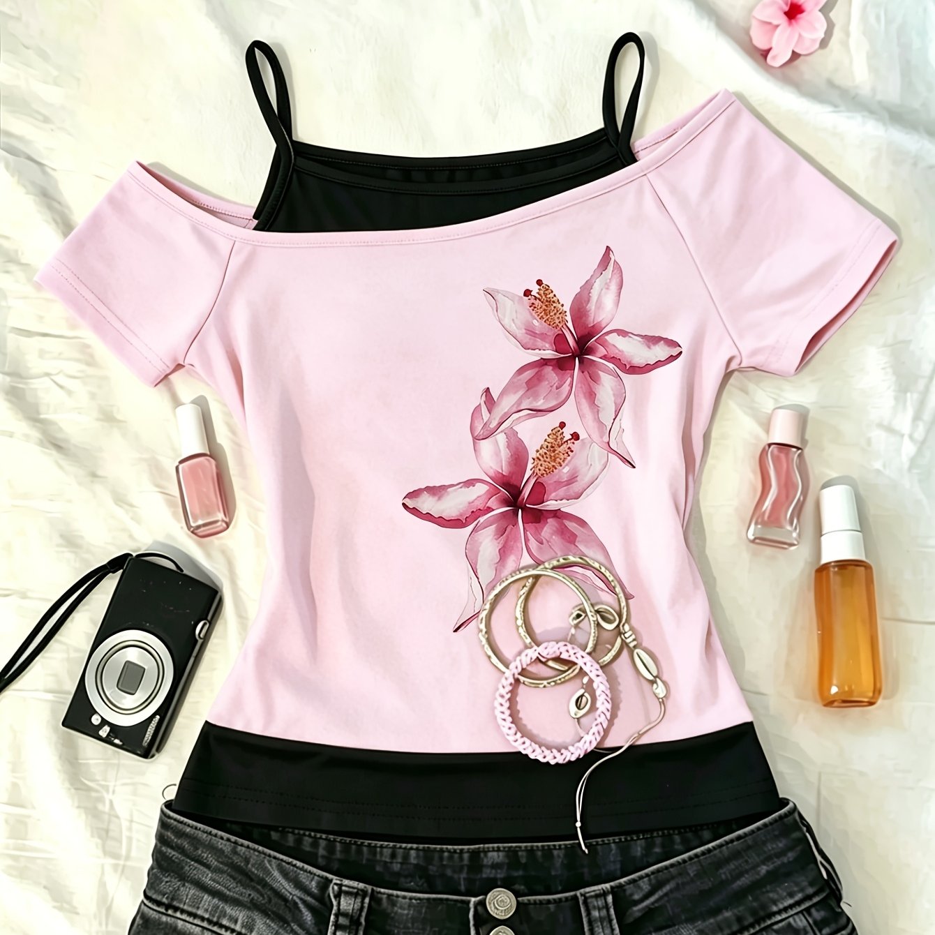 TEMU / And Spicy Fake Two-piece Women's T-shirt, "watercolor Style Floral" Pattern Printed T-shirt, Spliced Design Contrasting -shoulder Short