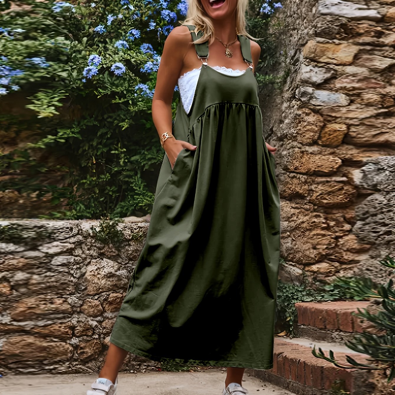 TEMU Plus Size Women's Casual Pinafore Long Dress, Shoulder Strap Loose Midi Dress, Cami Dress With Pockets, Lazy Style Outing Dress, Size 0xl-5xl