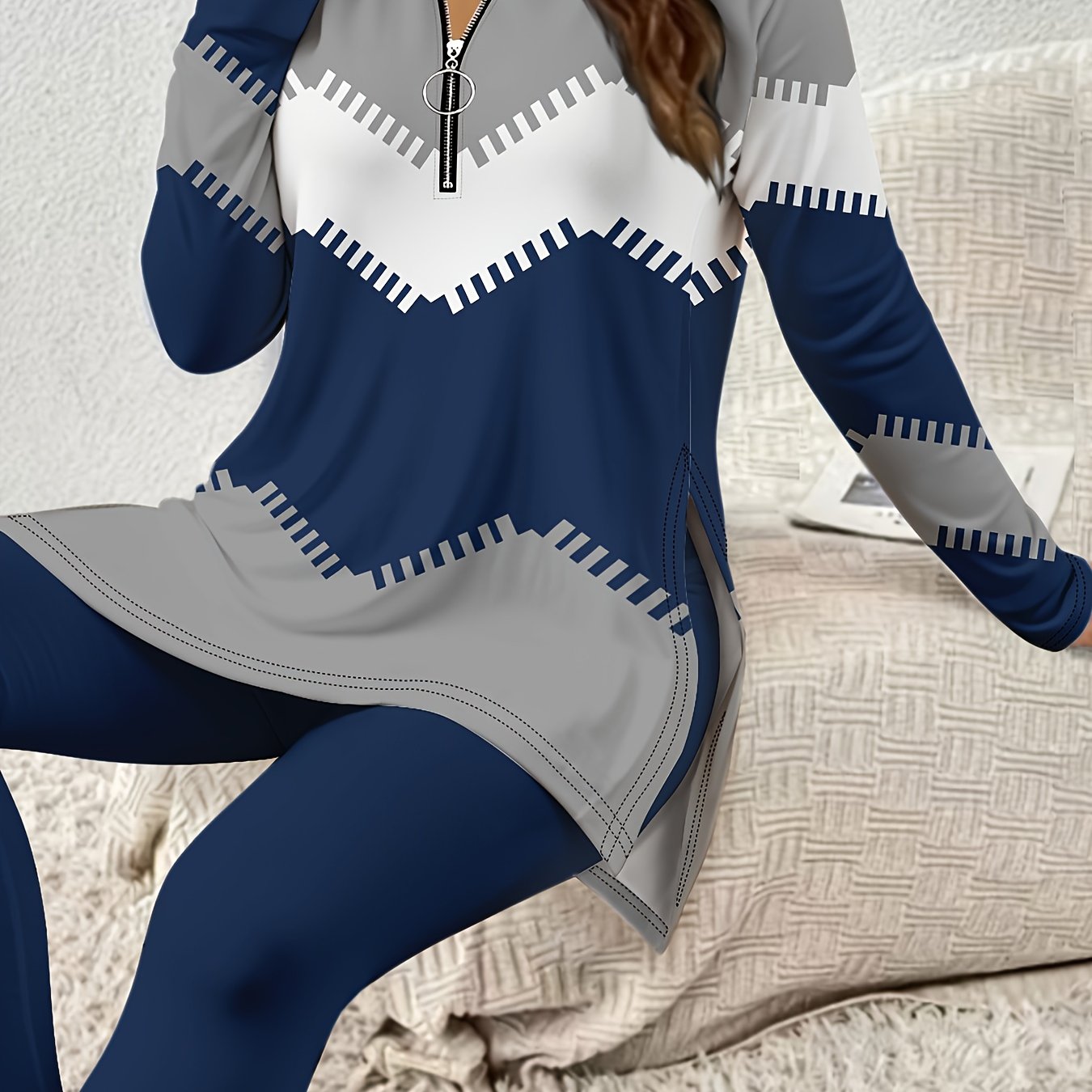 TEMU Striped And Striped Print Fashionable Sexy Long Sleeve Zipper And Side Slit Design T-shirt