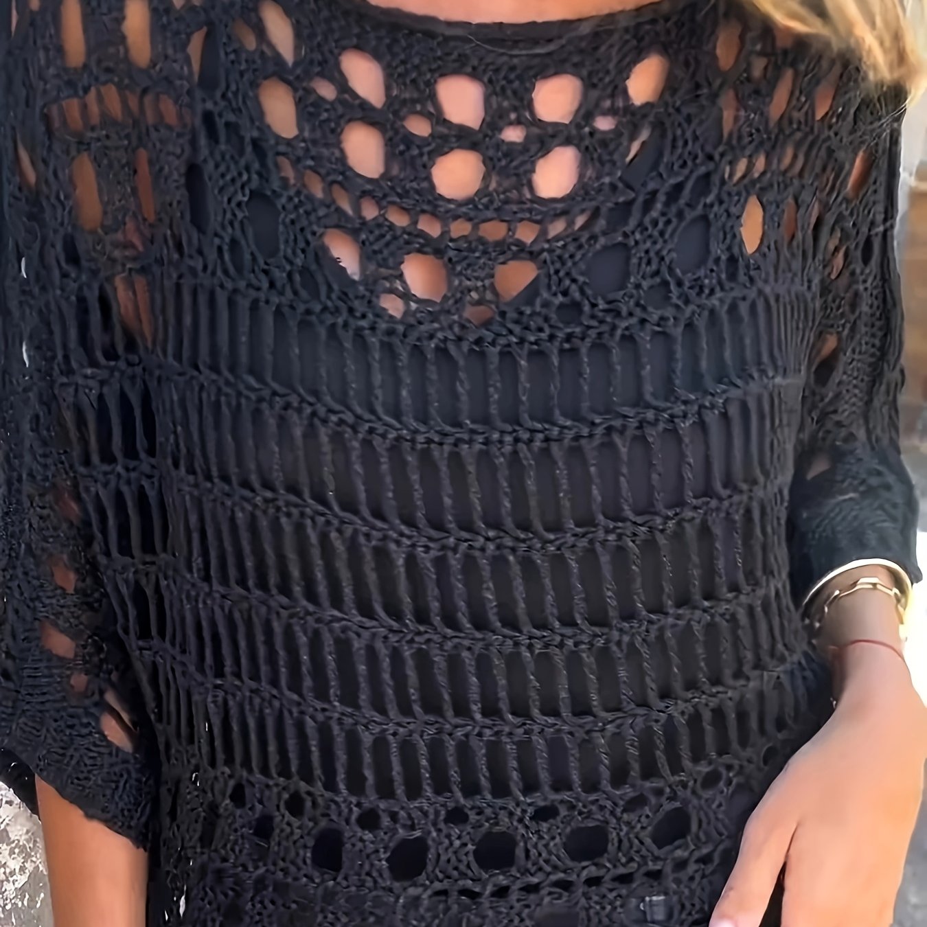 TEMU Women's Sweater Loose Hollow Out V-neck Crochet Fashion Vacation Sunscreen Cover-up