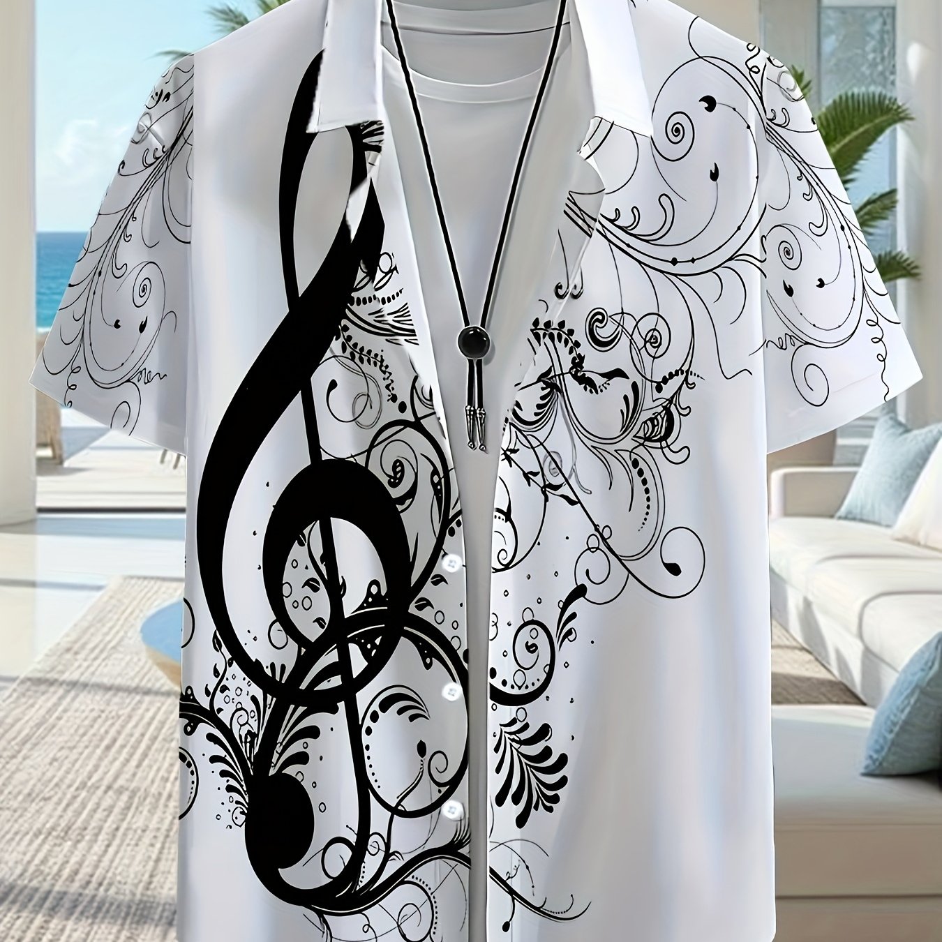 TEMU T-shirt d'impression numérique avec des artistiques d' musicaux, manches courtes, col, élégant, décontracté, parfait pour les vacances, manches