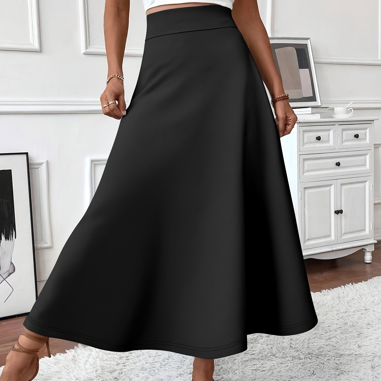 TEMU Ins Trendy 2025 Autumn High-waisted A-line Skirt For Women, Stretchy Flared Hip Coverage, Elegant Draping For And Slimmer Legs