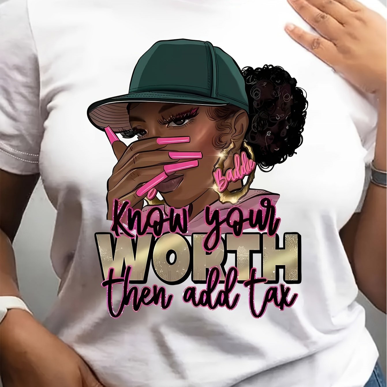 TEMU Women's Casual T-shirt With Cartoon Portrait & " Your " Letter Print, Crew Neck, Short Sleeve, Breathable Knit Fabric, Loose Fit, Machine