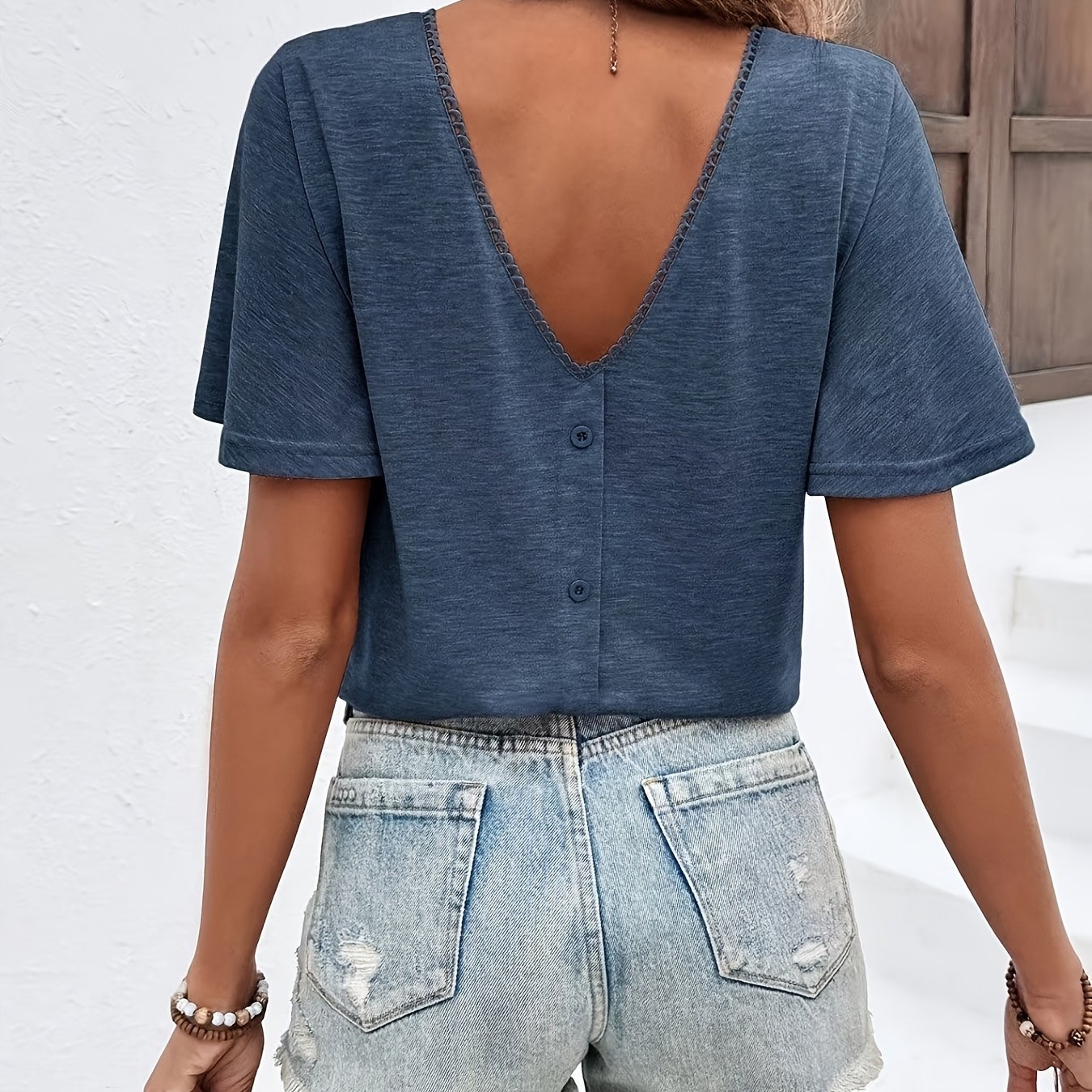 TEMU Women's Casual Backless Button T-shirt