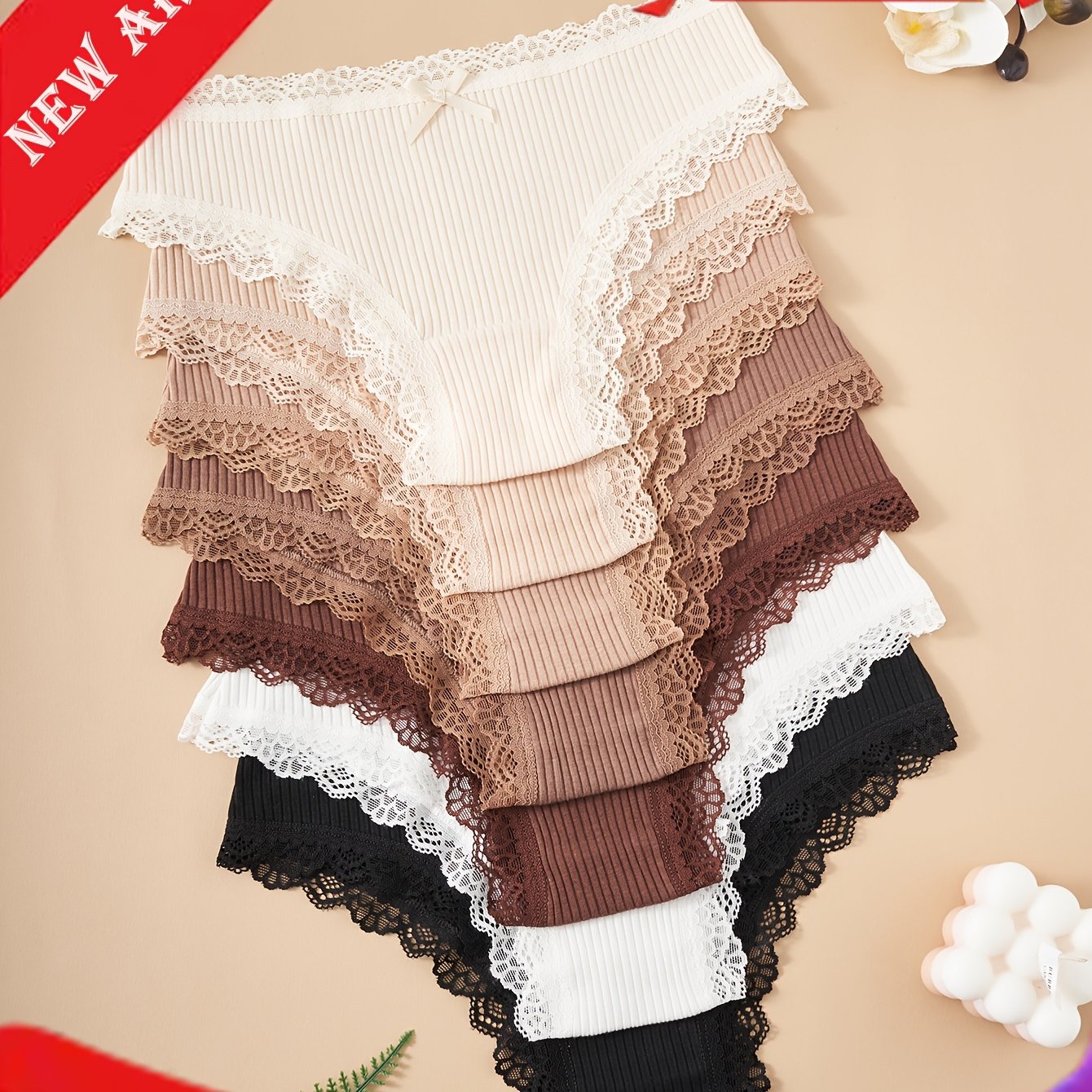 7pcs Women's Lace Panties With Lace Trim, Bow Accent, Striped Design, Dark Color Women's Briefs, Comfortable And Skin-friendly, Everyday Women's Underwear