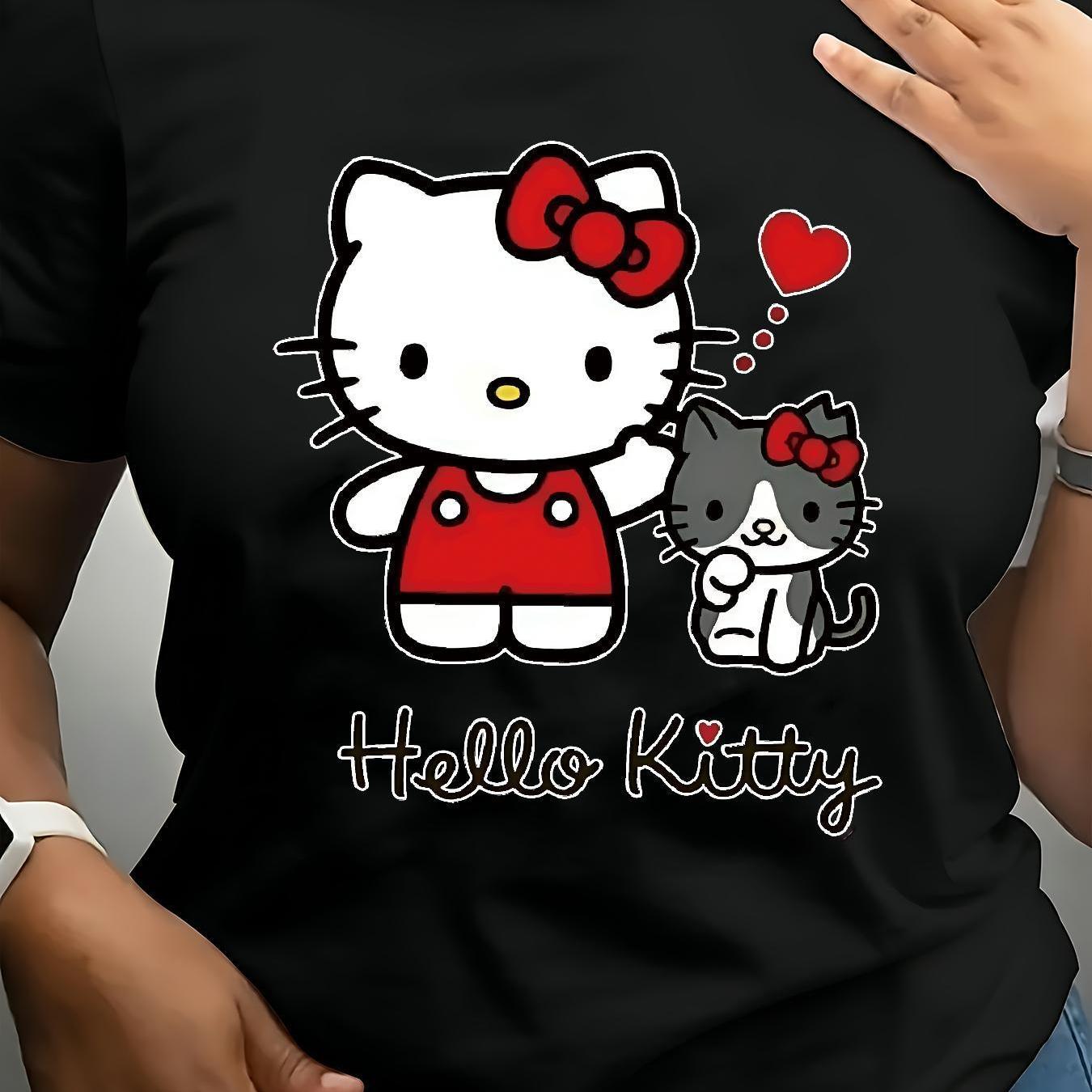 TEMU Women's Oversized T-shirt - Hello Kitty & Kuromi With Iconic Print, Loose Neck Short Sleeve Top Suitable For Spring Summer Fall Casual Wear, For
