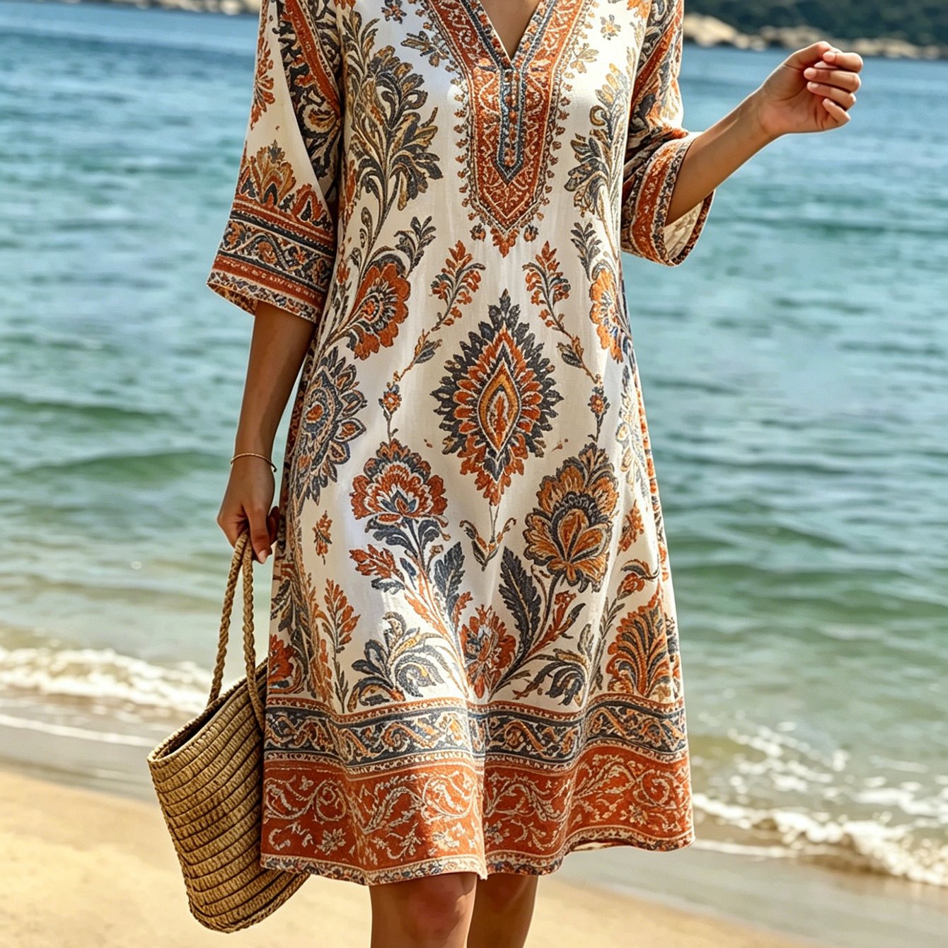 Women's Boho Print Dress Summer Vintage Ethnic Style V-neck 3/4 Sleeve Loose Fit A-line Midi Dress, Flowy & Figure-flattering, Perfect For Beach Vacation Casual Holiday Getaways, Women'