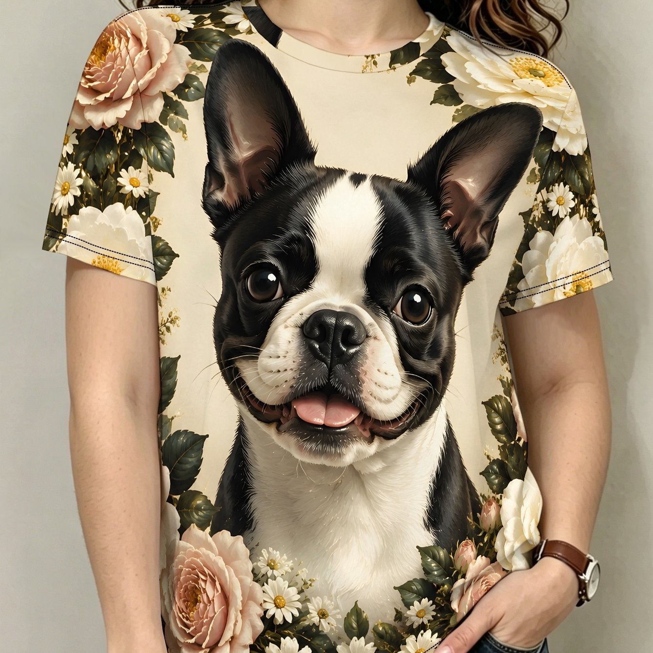 TEMU Boston Terrier Bloom Portrait Women's Casual Print Round Neck Short Sleeve T-shirt, Daily Tees, , Fashionable For Summer Beach, Vacation