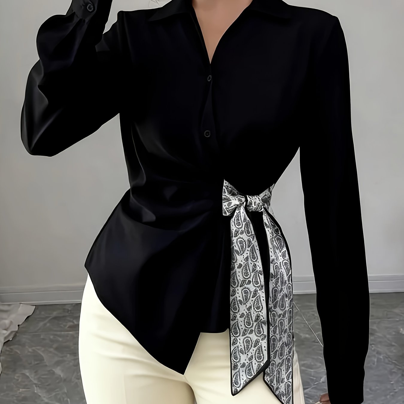E-shop Damen Frühling/Sommer Mode Französischer Stil Elegantes High-End Leichtes Reifes Design Langarm Schal Taille Hemd + YTD