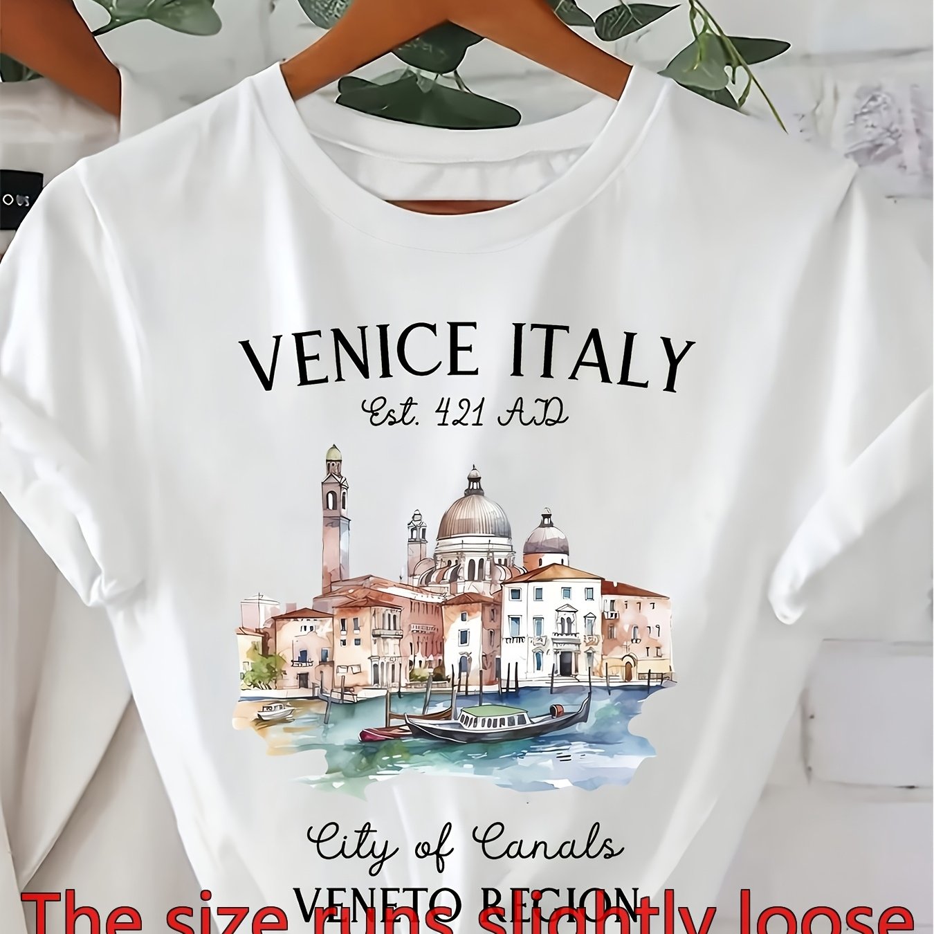 Casual Round-neck T-shirt For Women Featuring A Print Of The In Venice, Italy, Ideal For Spring And Summer